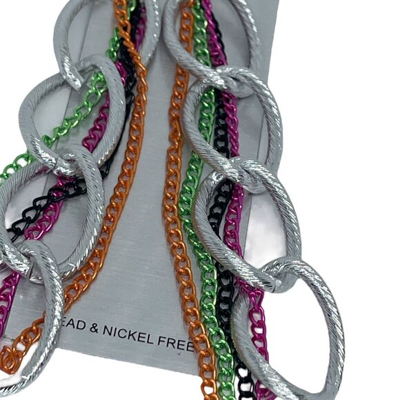 Silver Tone Earrings Chain Drop Style Fashion Trendy Stunning Statement Chic - Picture 4 of 8